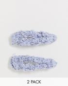 Asos Design Pack Of 2 Snap Hair Clips In Teddy Fabric-blue