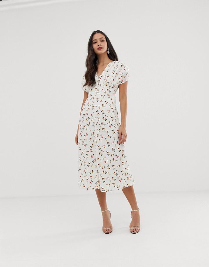 Asos Design Midi Tea Dress In Cherry Print - Multi