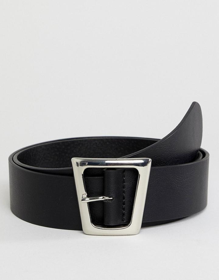 Asos Design Faux Leather Wide Belt In Black With Silver Geometric Buckle - Black