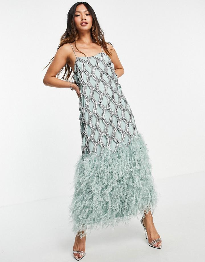 Asos Edition Geo Sequin Cutwork Midi Dress With Feather Hem-green