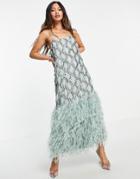 Asos Edition Geo Sequin Cutwork Midi Dress With Feather Hem-green