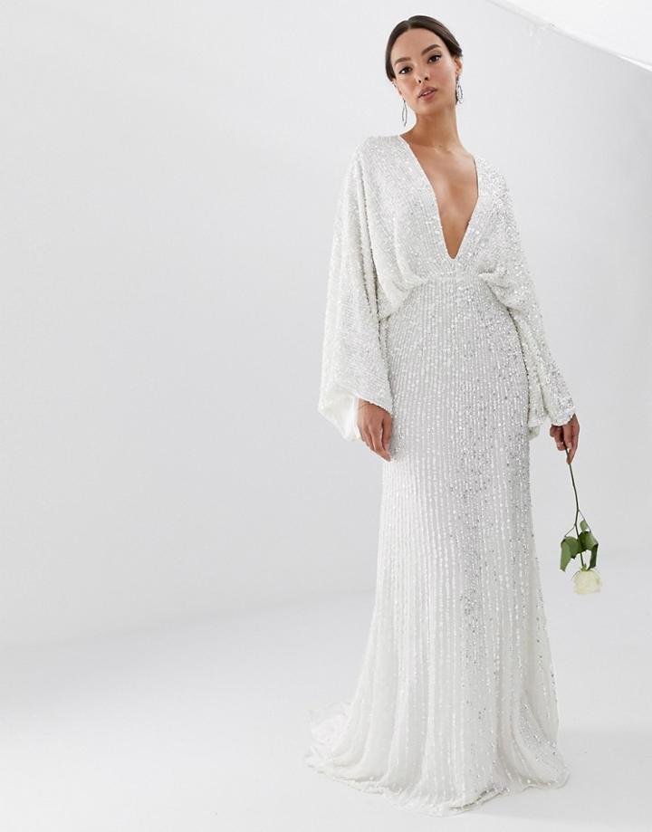 Asos Edition Sequin Kimono Sleeve Wedding Dress-white