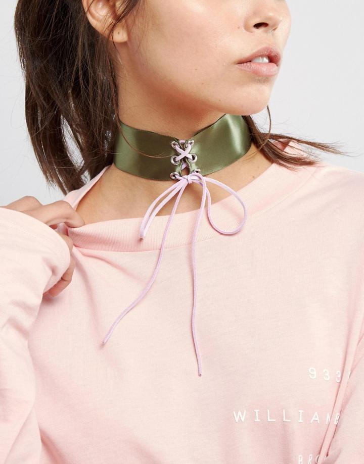Asos Khaki Lace Up Choker Necklace - Multi