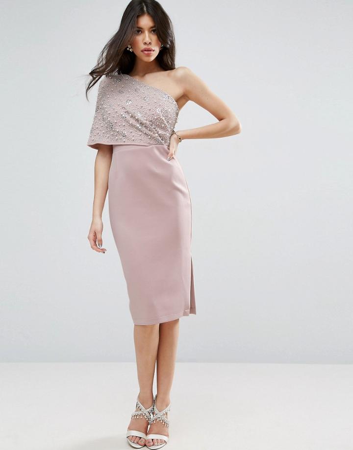 Asos Scattered Embellished One Shoulder Scuba Midi Pencil Dress - Pink