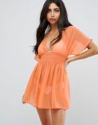Asos Shirred Waist Mini Chiffon Beach Caftan - Orange