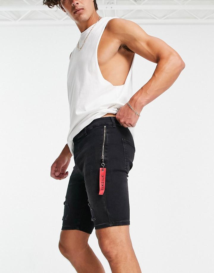 Siksilk Distressed Denim Shorts In Black