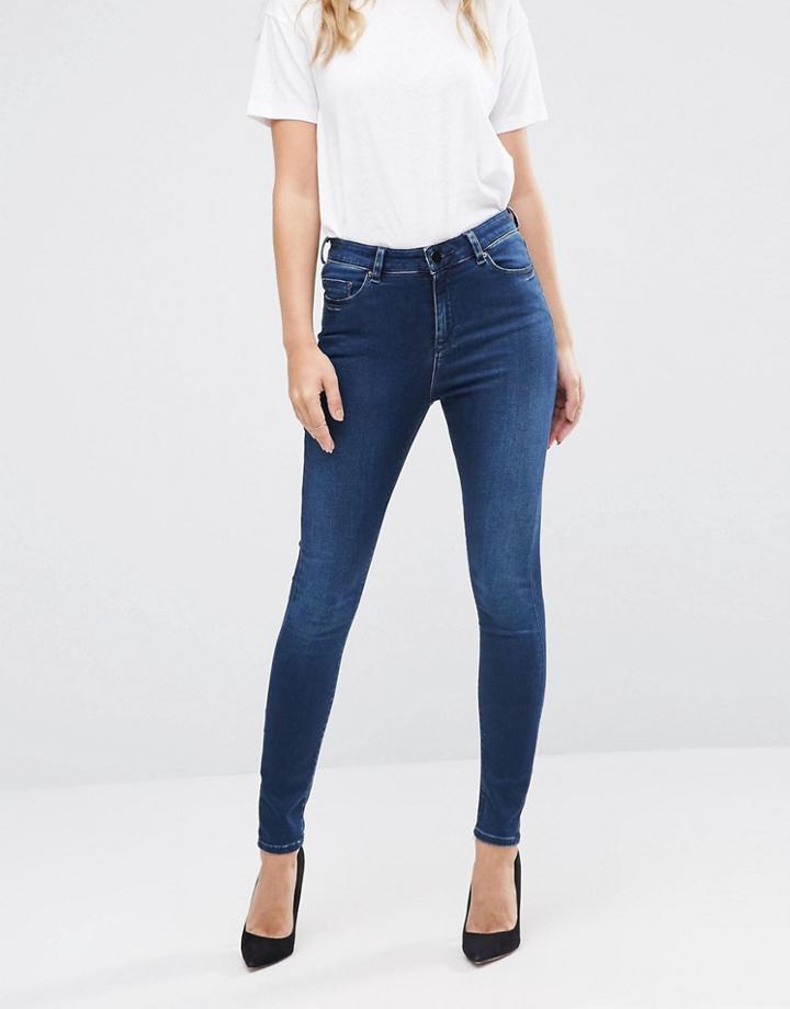 Asos Ridley High Waist Skinny Jeans In Minx Dark Stonewash Blue - Blue