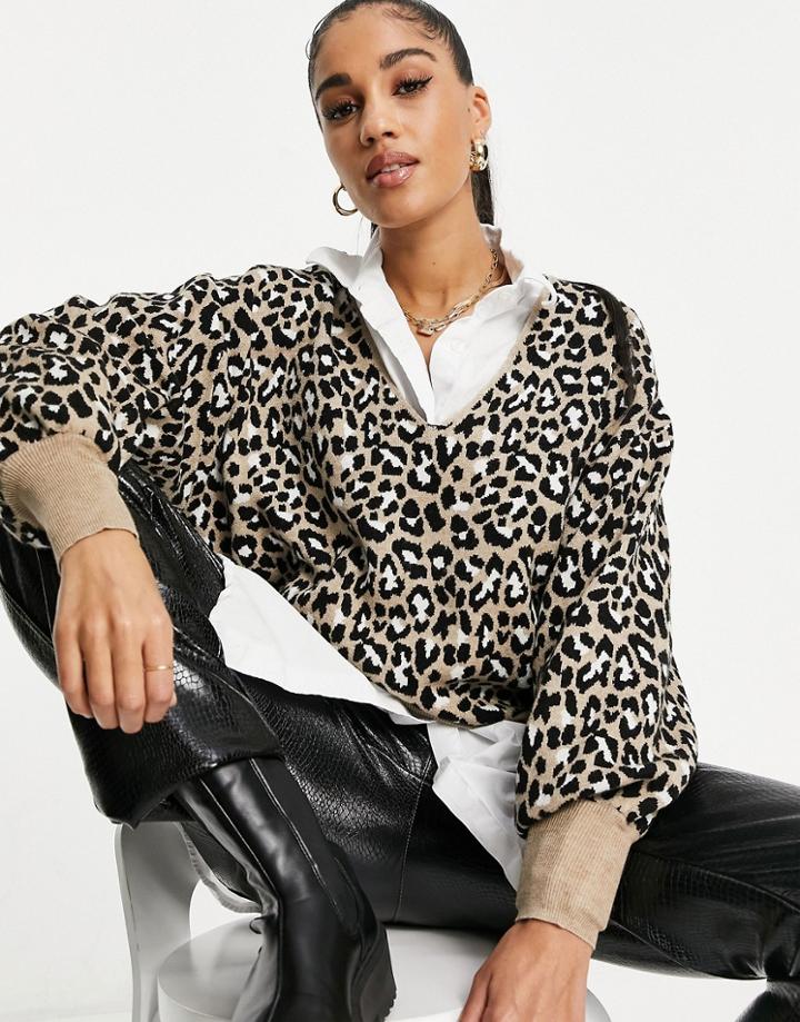 Asos Design V-neck Sweater In Animal Print Jacquard-neutral