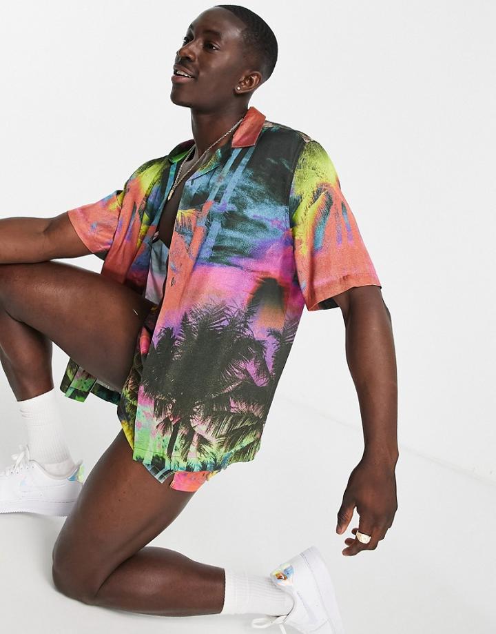Asos Design Set Relaxed Revere Satin Shirt In Palm Tree Scenic Print-multi