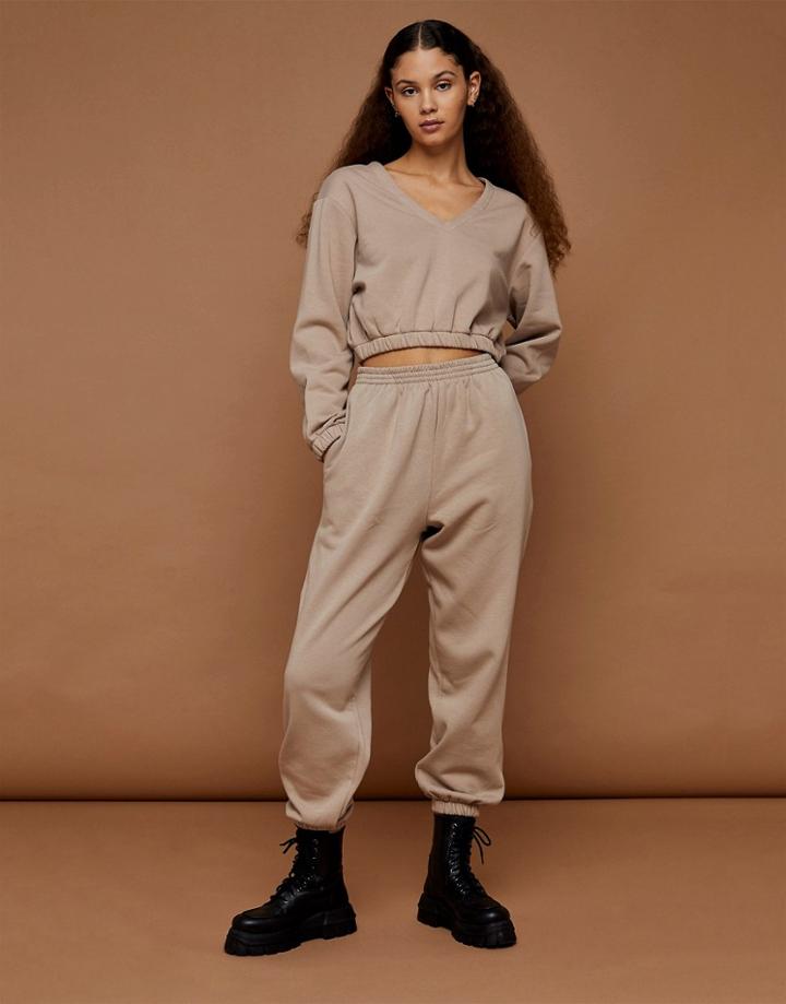 Topshop Premium V-neck Cropped Sweatshirt In Stone-neutral