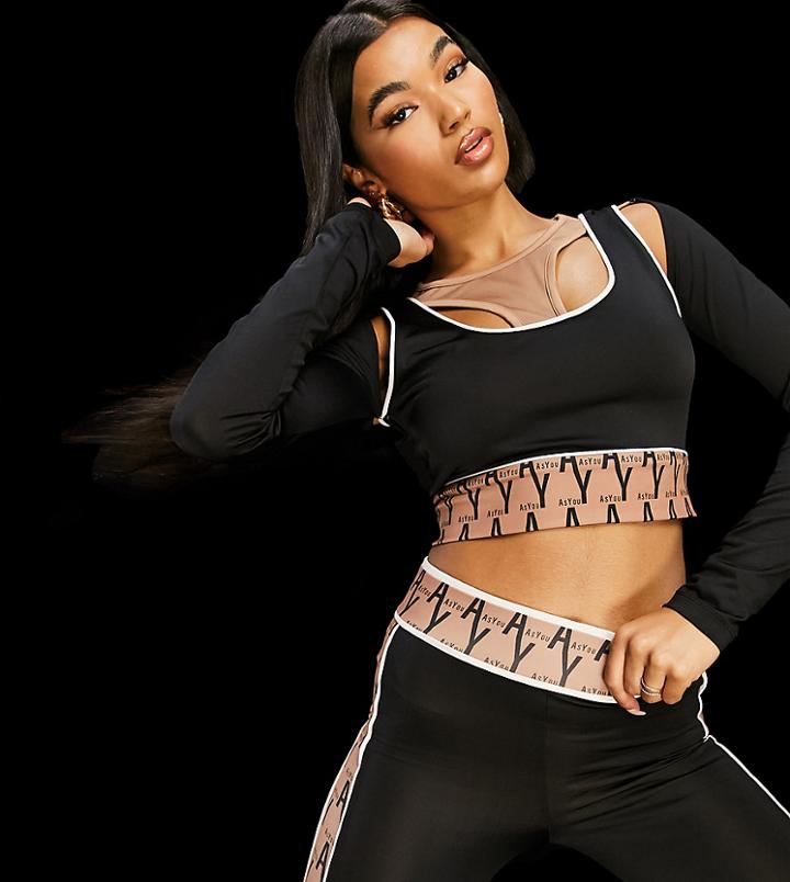 Asyou Active Monogram Trim Crop Top In Black