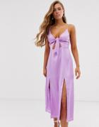 Collective The Label Knot Front Cami Midi Dress With Split Thigh In Purple Sateen - Purple