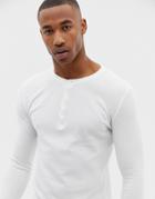 Asos Design Muscle Fit Long Sleeve T-shirt With Grandad Neck In Waffle In White - White