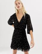 Allsaints Gracie Wrap Dress With Embroidered Stars - Black