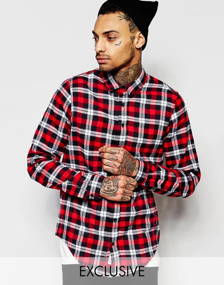 Liquor & Poker Longline Regular Fit Check Shirt In Red Check - Tbc