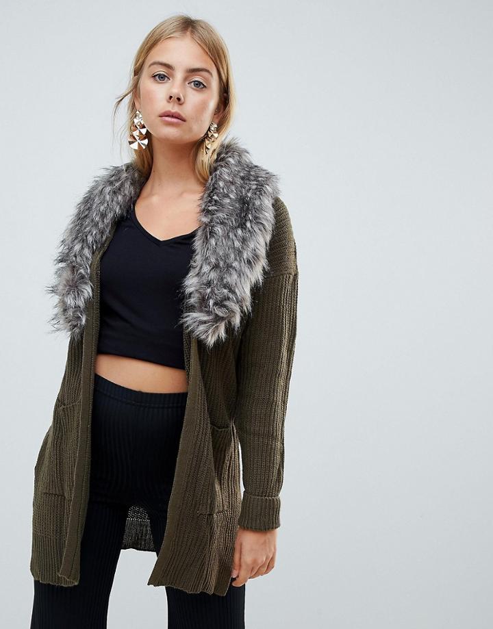 Brave Soul Hawk Cardigan With Detachable Faux Fur Collar - Green