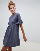 Asos Design Cotton Slubby Frill Sleeve Smock Dress - Gray