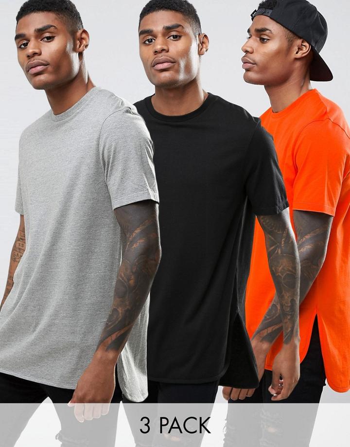 Asos 3 Pack Longline T-shirt In Black/gray Marl/orange With Bound Curved Stepped Hem Save - Multi