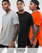 Asos 3 Pack Longline T-shirt In Black/gray Marl/orange With Bound Curved Stepped Hem Save - Multi