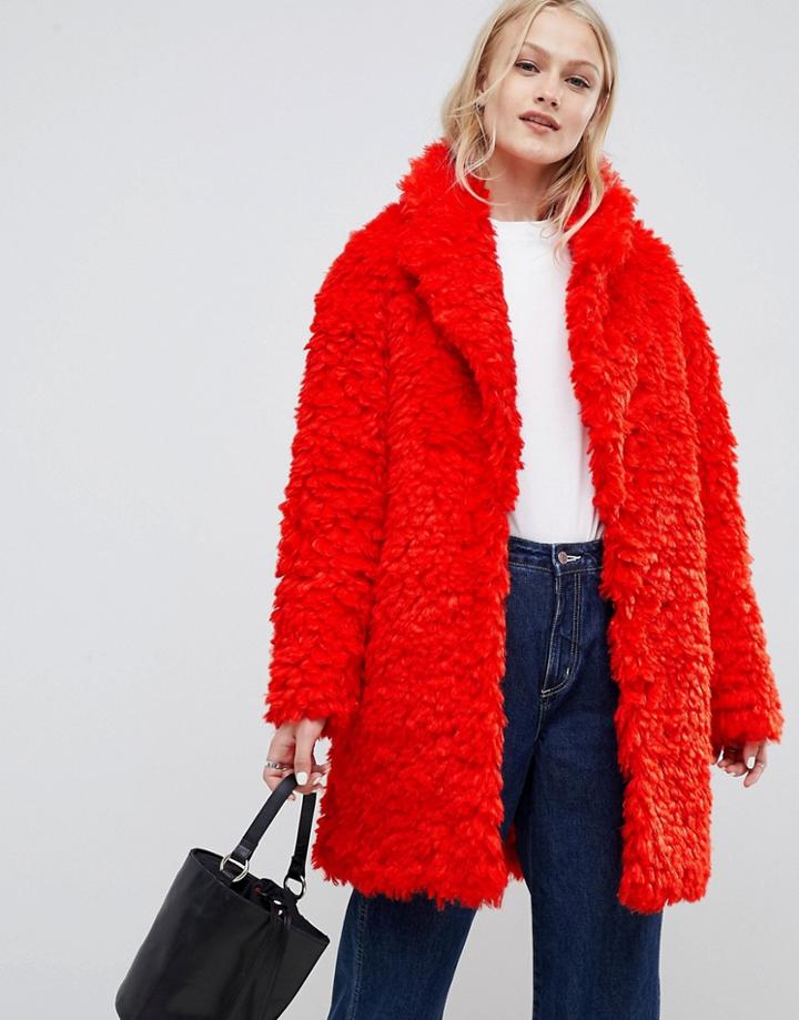 Asos Design Coat In Fluffy Borg - Red