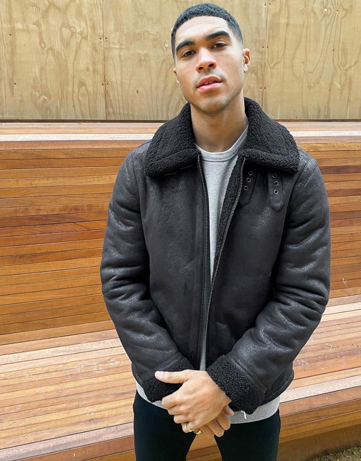 Topman Faux Shearling Aviator In Black