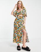 Only Cut Out Maxi Dress With Side Split In Bright Floral-multi