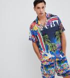 Asos Design Tall Two-piece Oversized Tropical Postcard Print Shirt With Revere Collar - Navy