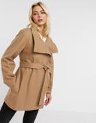 French Connection Funnel-neck Wool Belted Coat In Camel-brown