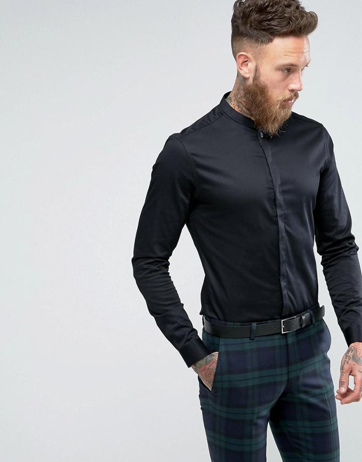 Asos Skinny Shirt With Mandarin Collar In Black - Black