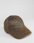 Asos Baseball Cap In Distressed Faux Leather Finish - Brown