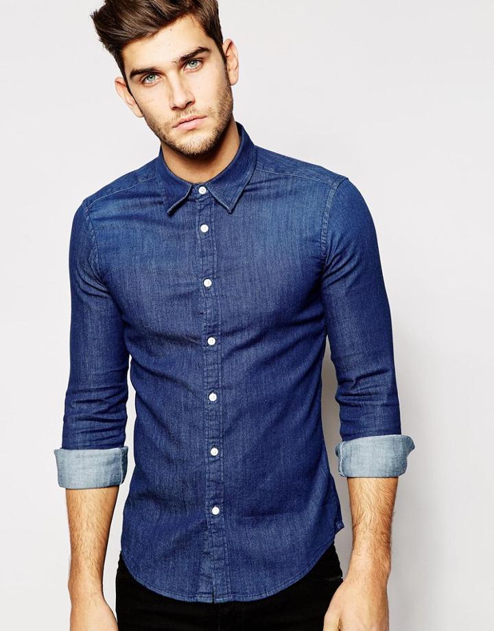Asos Skinny Denim Shirt With Long Sleeves In Rinse Wash - Rinse Wash