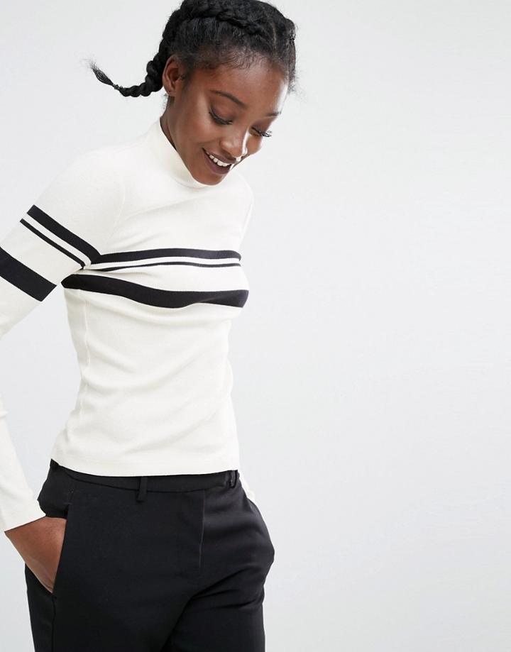 Monki Stripe High Neck Top - White