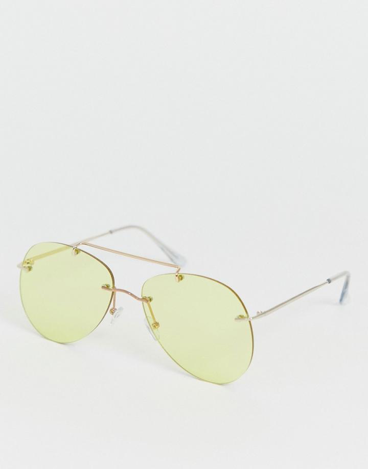 Asos Design Rimless Aviator With Yellow Lens And Gold Metal Details - Gold