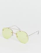 Asos Design Rimless Aviator With Yellow Lens And Gold Metal Details - Gold