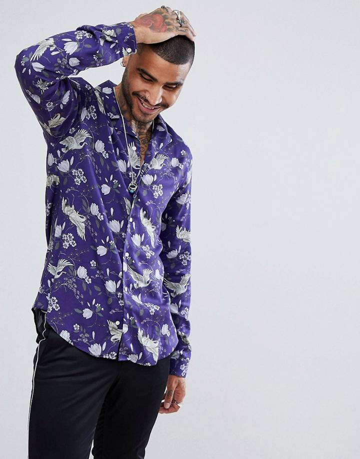 Noose & Monkey Slim Viscose Print Shirt - Navy