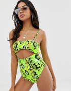 Asos Design Strappy Underboob Cut Out Swimsuit In Neon Snake Print-green