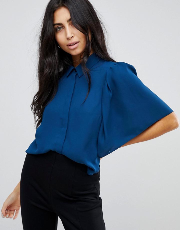 Asos Cropped Blouse With Flutter Sleeve - Blue