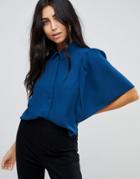 Asos Cropped Blouse With Flutter Sleeve - Blue