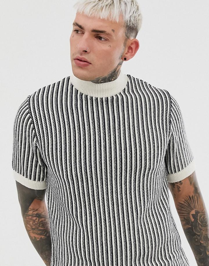 Asos Design Knitted Vertical Stripe Turtleneck T-shirt In Monochrome-multi