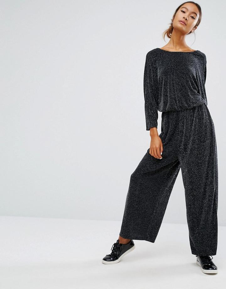 Monki Glitter Wide Leg Jumpsuit - Silver