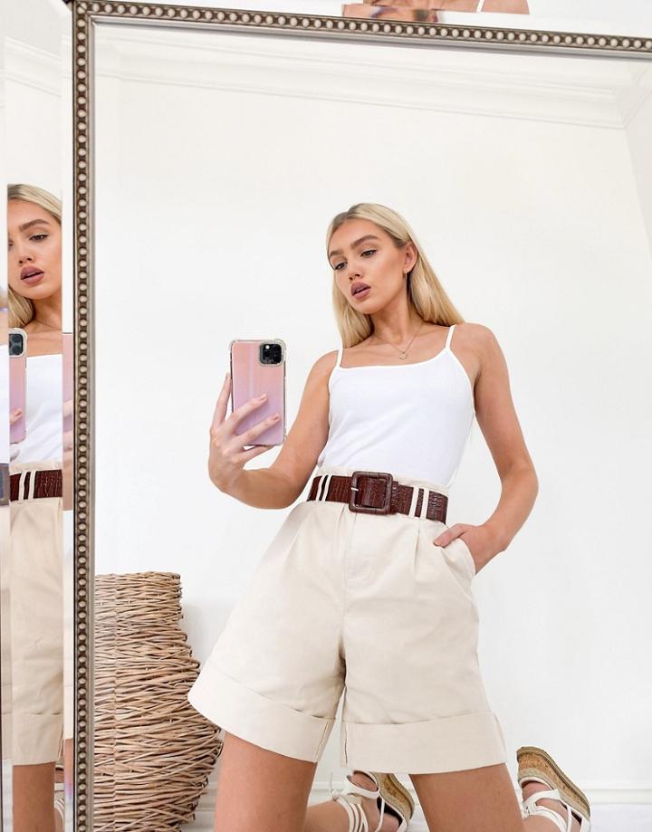 Asos Design Belted Dad Short In Stone-neutral