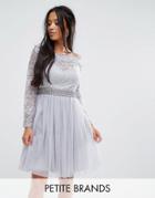 Little Mistress Petite Off Shoulder Lace Top Mini Prom Skater Dresss - Gray