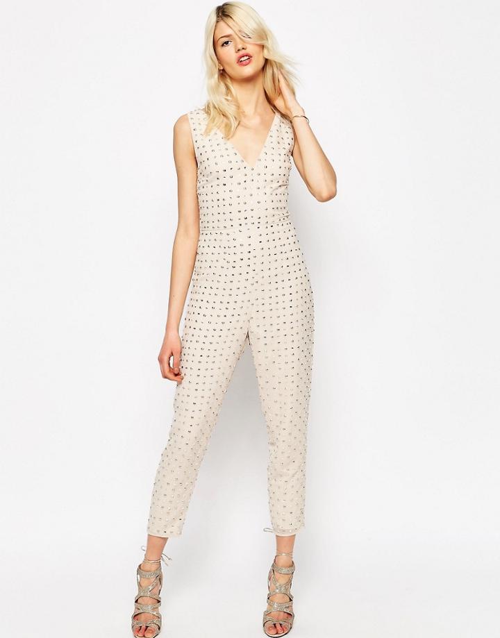 Asos Embellished Peg Leg Jumpsuit - Cream