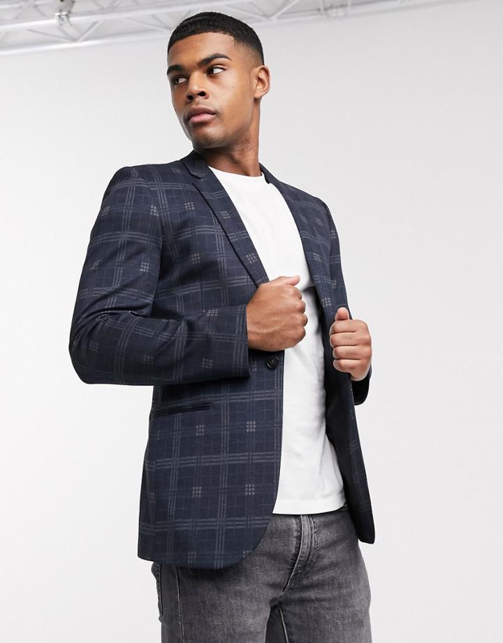 Asos Design Super Skinny Jersey Blazer In Navy Check-black