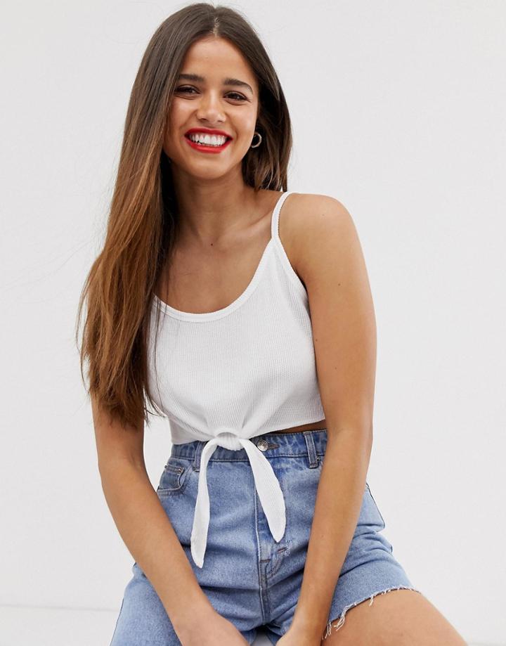 Asos Design Crop Cami In Waffle With Tie - White