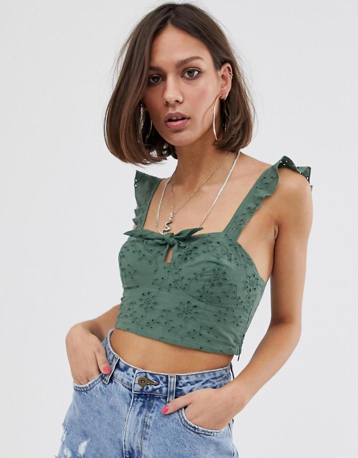 Bershka Tie Front Broderie Crop Top In Green - Green