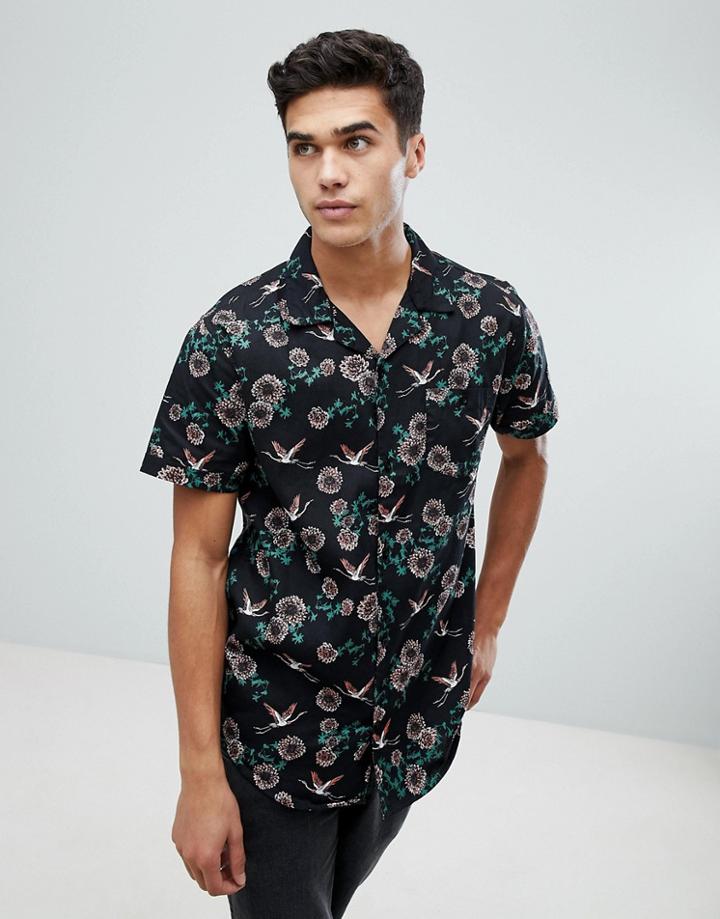 Brave Soul Revere Collar Bird Print Shirt - Black