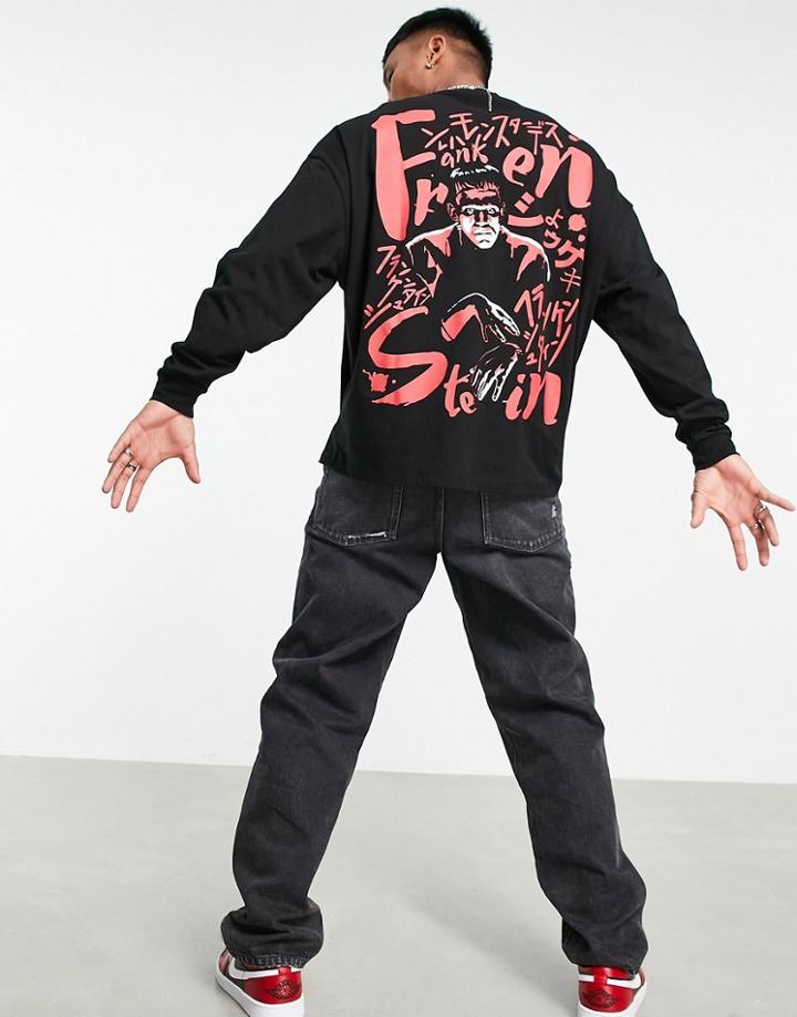 Asos Design Halloween Oversized Long Sleeve T-shirt With Frankenstein Print In Black