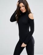 Asos Top With Cold Shoulder And High Neck In Clean Rib - Black