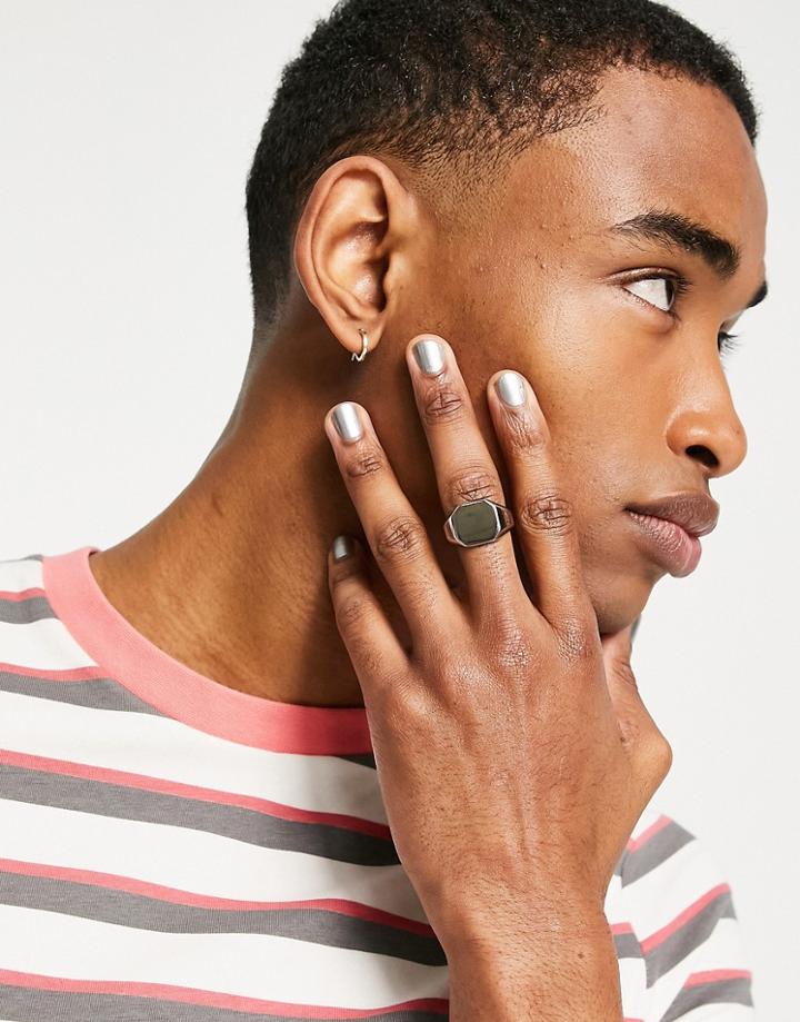 Asos Design Waterproof Stainless Steel Signet Ring With Hexagon Design In Silver